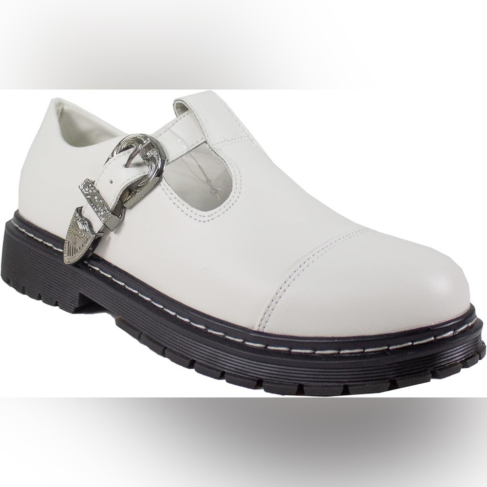 White Leather Mary Jane Flat with Silver Buckle